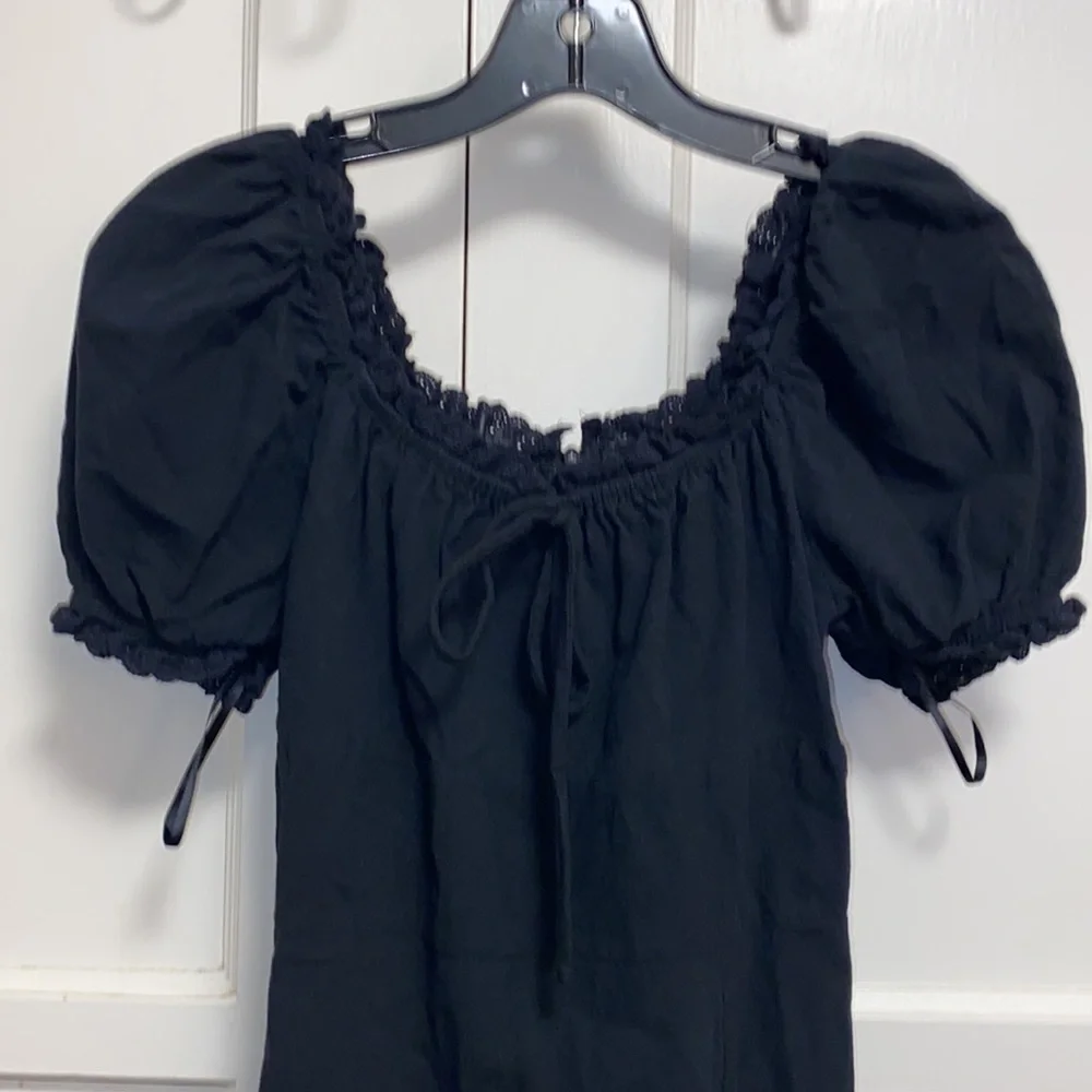 SHEIN Small Frenchy Puff Sleeve Knot Front Frill Trim Split Hem - Picture 7 of 11